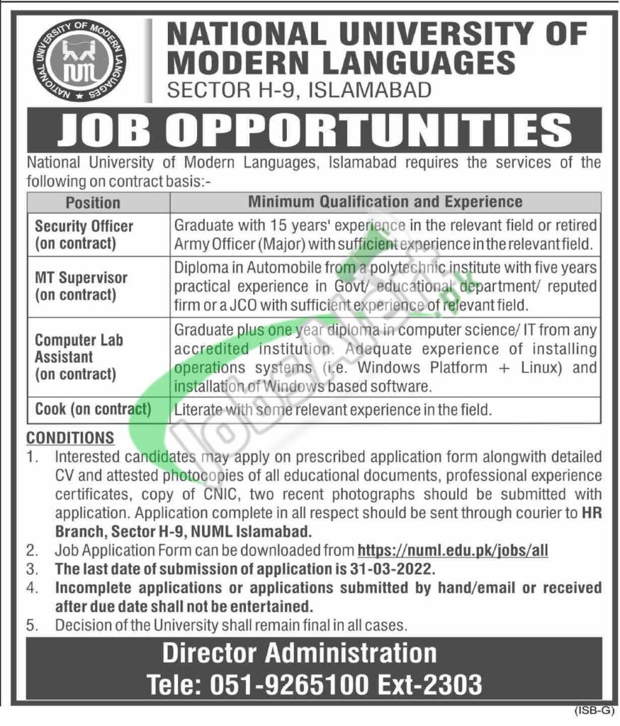 National University of Modern Languages NUML Jobs Advertisement  2022