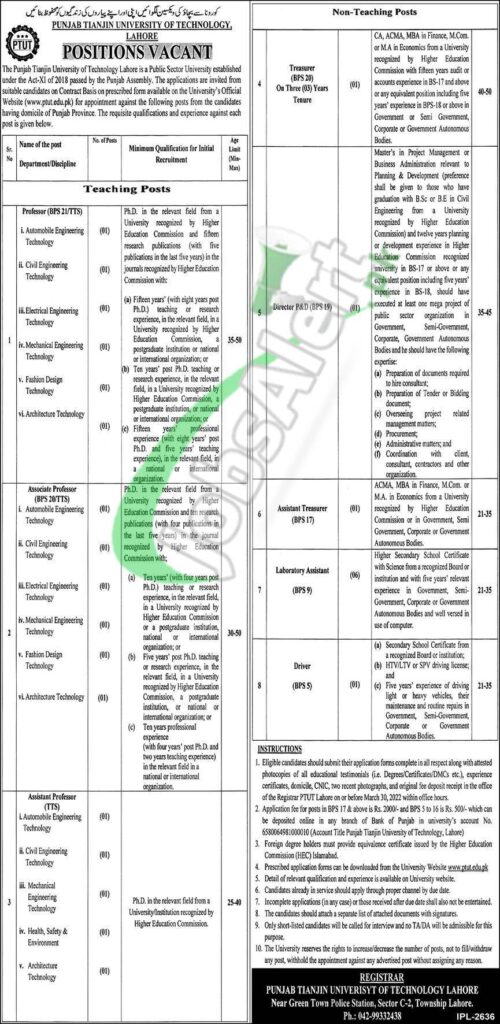 Punjab Tianjin University of Technology Jobs  Advertisement 2022