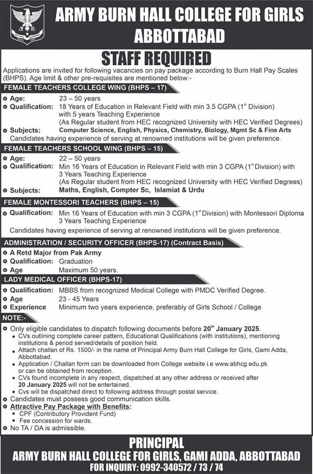 Army Burn Hall college for girls abbottabad jobs 2025