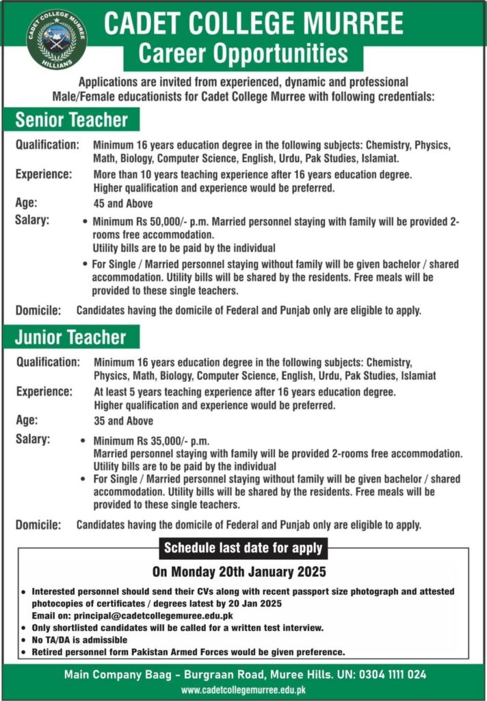 Jobs in Cadet College Murree 2025