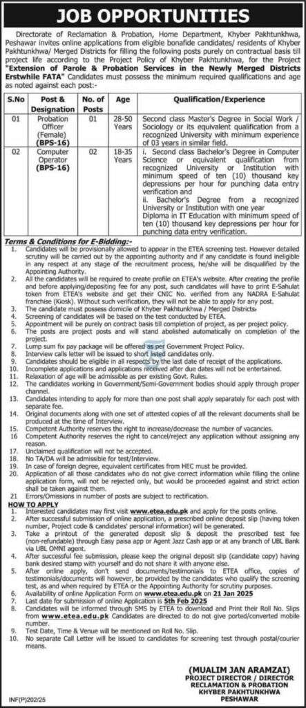 Jobs in Directorate of Reclamation & Probation KPK 2025