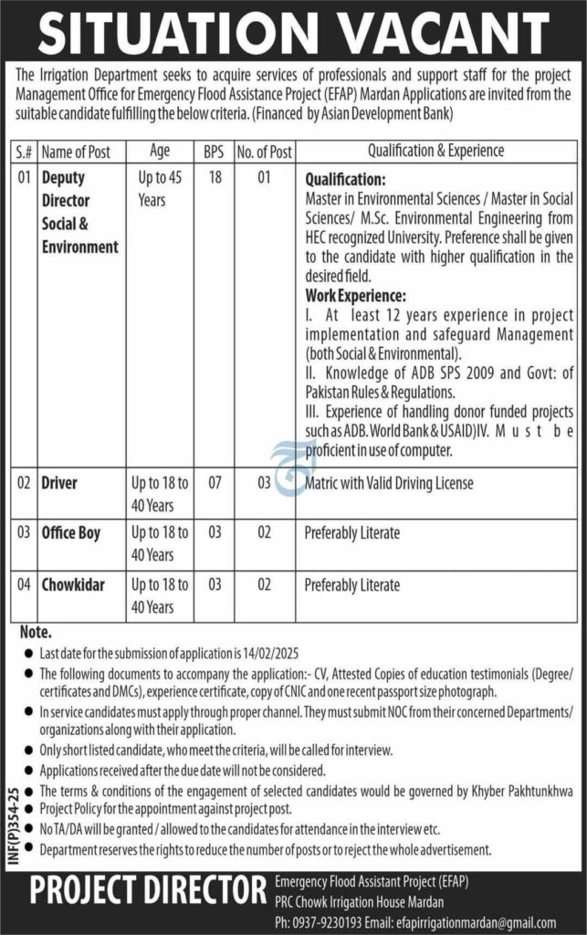 Jobs in Irrigation Department Mardan 2025